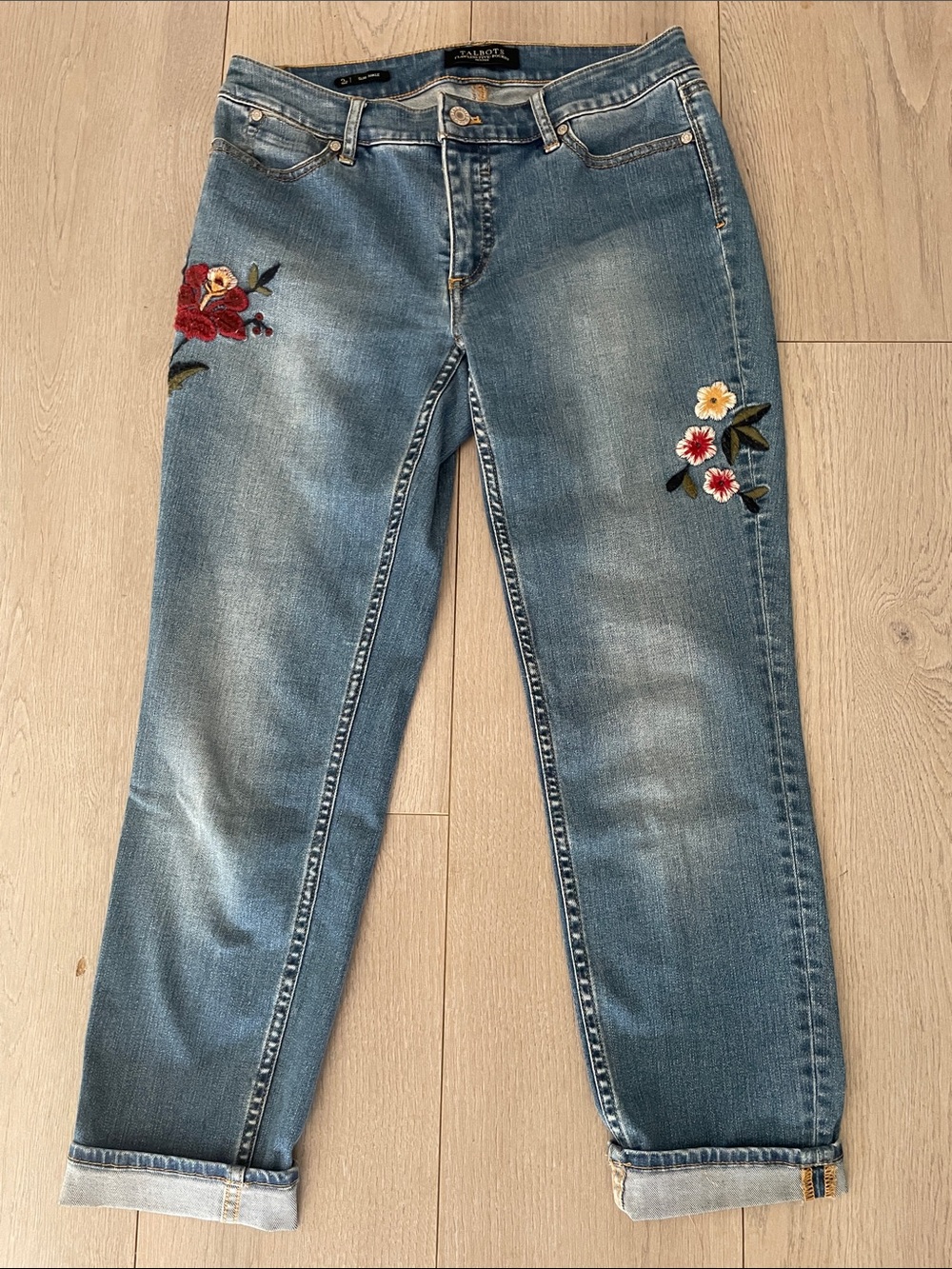 Talbots Blue Denim Boyfriend Jeans with Floral Embroidery